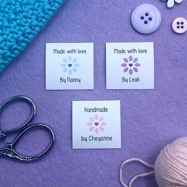 Flat Lay Flower Fabric Garment Product Tags Handmade Items Customise with your own text 32mm Square (022FL) Sewing Knitted Crochet Handsewn