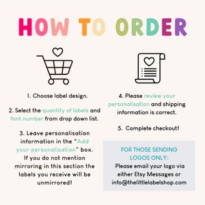 May include: A colorful graphic with instructions on how to order custom labels. The graphic includes a shopping cart, a checklist, and text that says "HOW TO ORDER".