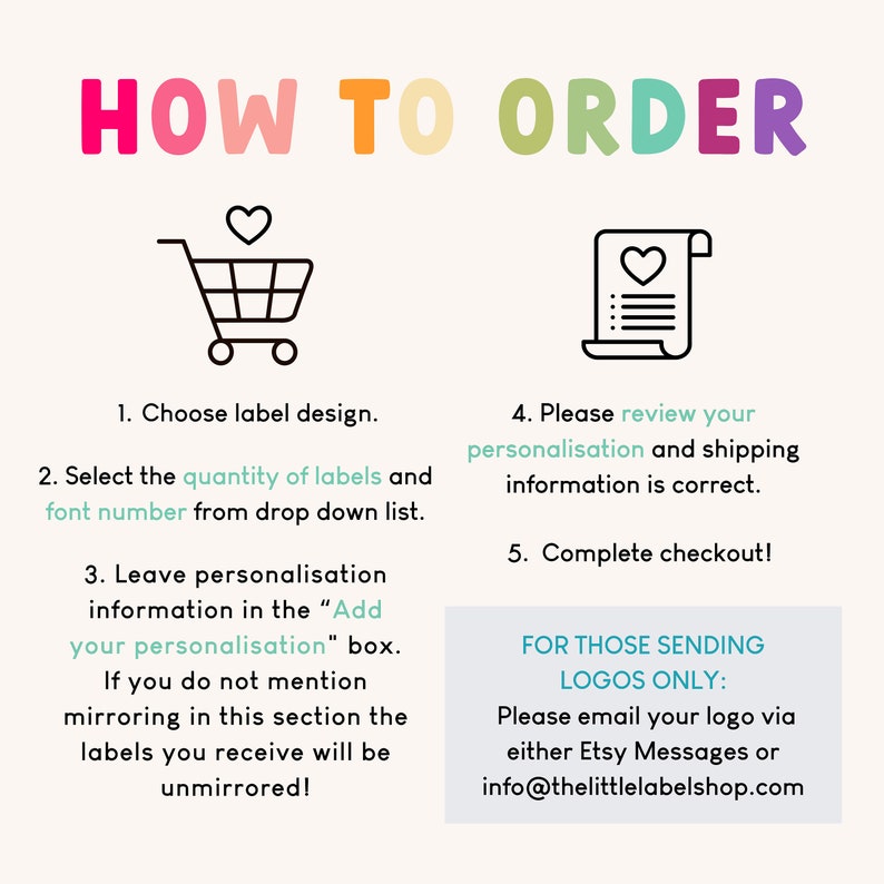 May include: A colorful graphic with instructions on how to order custom labels. The graphic includes a shopping cart, a checklist, and text that says "HOW TO ORDER".
