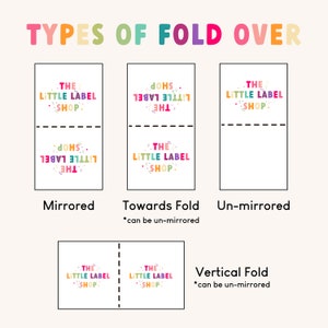 May include: Diagram showing different types of fold-over labels for packaging. The types include mirrored, towards fold, un-mirrored, and vertical fold. Each type shows a label with the text "The Little Label Shop" in colorful letters.