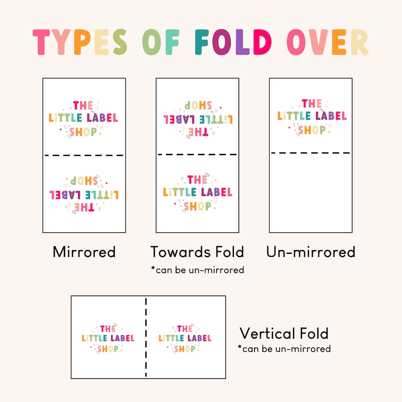 May include: Diagram showing different types of fold-over labels for packaging. The types include mirrored, towards fold, un-mirrored, and vertical fold. Each type shows a label with the text "The Little Label Shop" in colorful letters.