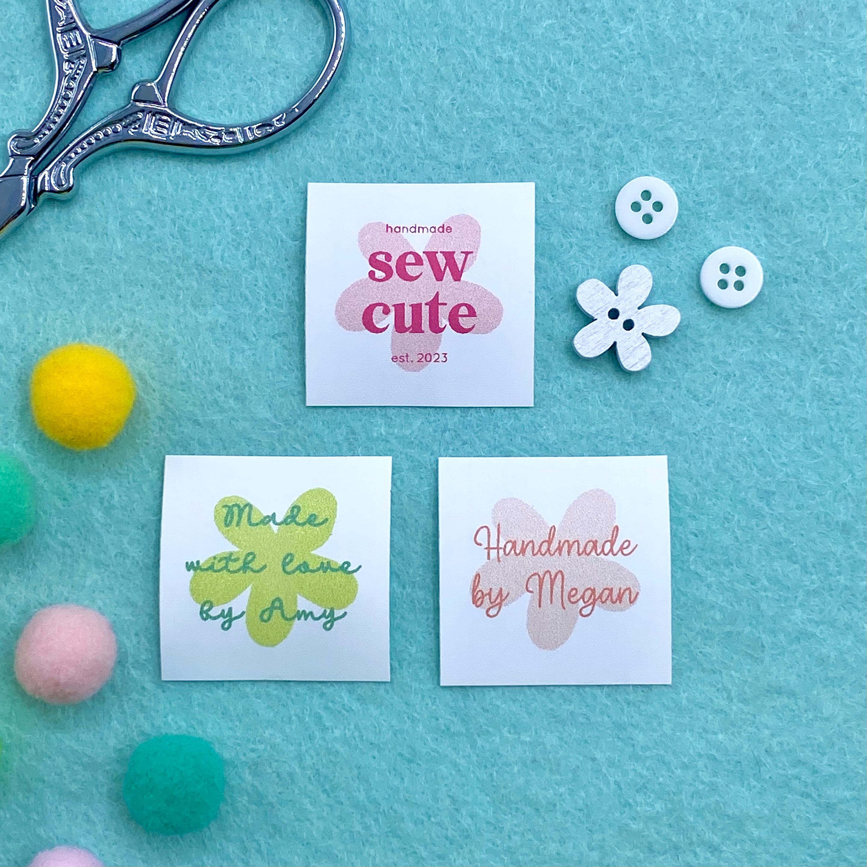 Flat Lay Colourful Flower Fabric Labels Tags Handmade Items Customise with your text 32mm Square (025FL) Sewing Knitted Crochet Handsewn