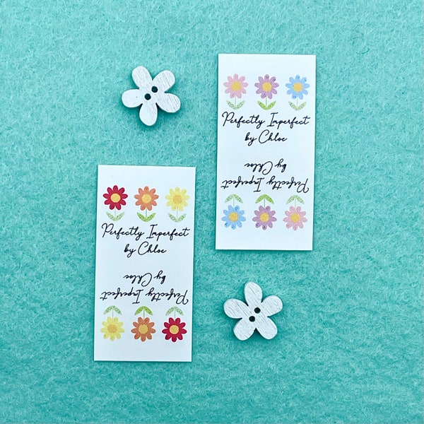 Flowers Fold-over Fabric Product Tags For Handmade Items Customise with your own text 25mm x 50mm (016FO) Sewing Knitted Fold Over Handsewn