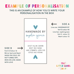 May include: A white label with a blue heart and the text "HANDMADE BY sophia grace" in a pink and blue font. The label has instructions for washing and ironing the item. The text on the label reads "WASH ON COLD, DO NOT TUMBLE DRY, IRON ON LOW, MADE WITH LOVE".