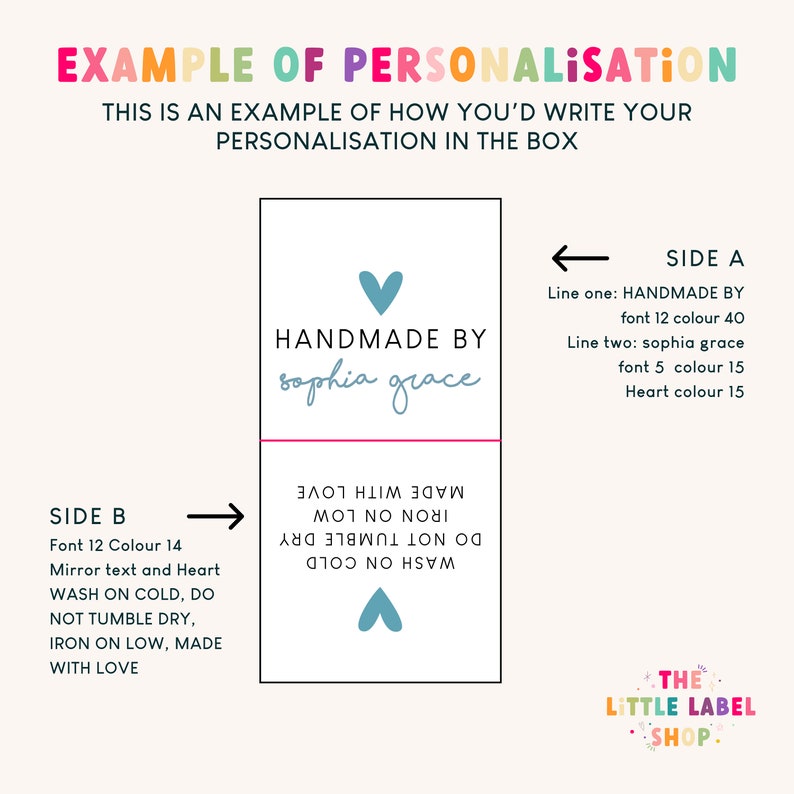 May include: A white label with a blue heart and the text "HANDMADE BY sophia grace" in a pink and blue font. The label has instructions for washing and ironing the item. The text on the label reads "WASH ON COLD, DO NOT TUMBLE DRY, IRON ON LOW, MADE WITH LOVE".
