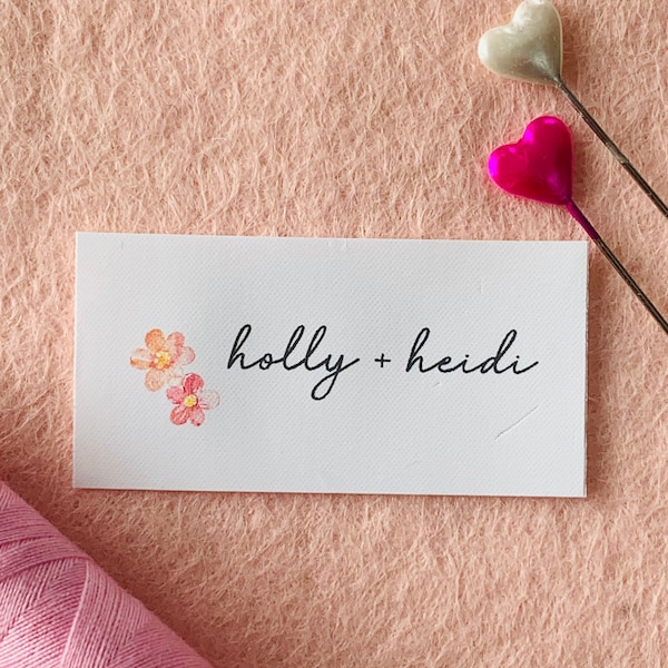 Flat Lay Fabric Garment Product Tags For Handmade Items Customise with Name 25mmx50mm (044FL) Handsewn Sew on Pretty Watercolour Flowers