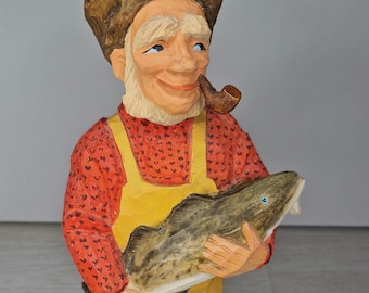 Vintage handskuren norsk fiskare av Henning - Autentisk träfigur i folkkonst (43 cm)
