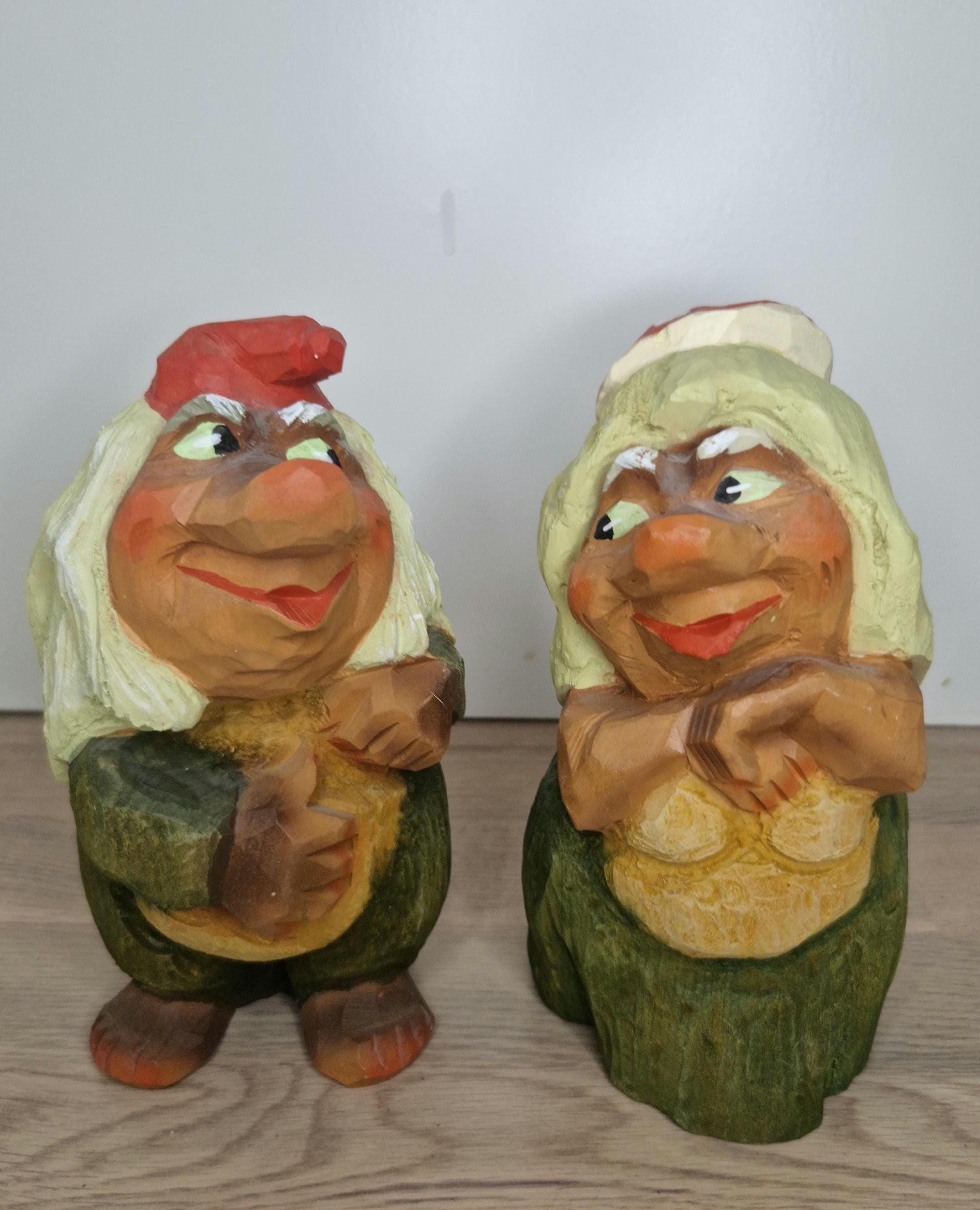 Vintage Hand Carved Norwegian Trolls by Henning - Authentic Wooden