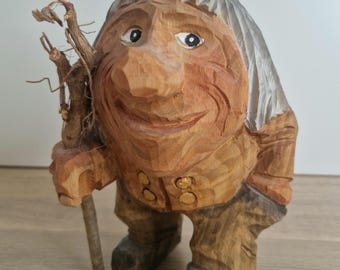 Vintage Hand Carved Norwegian Troll by Ottar Grubbli - Authentic Wooden Folk Art Figurines (7.5 inches)