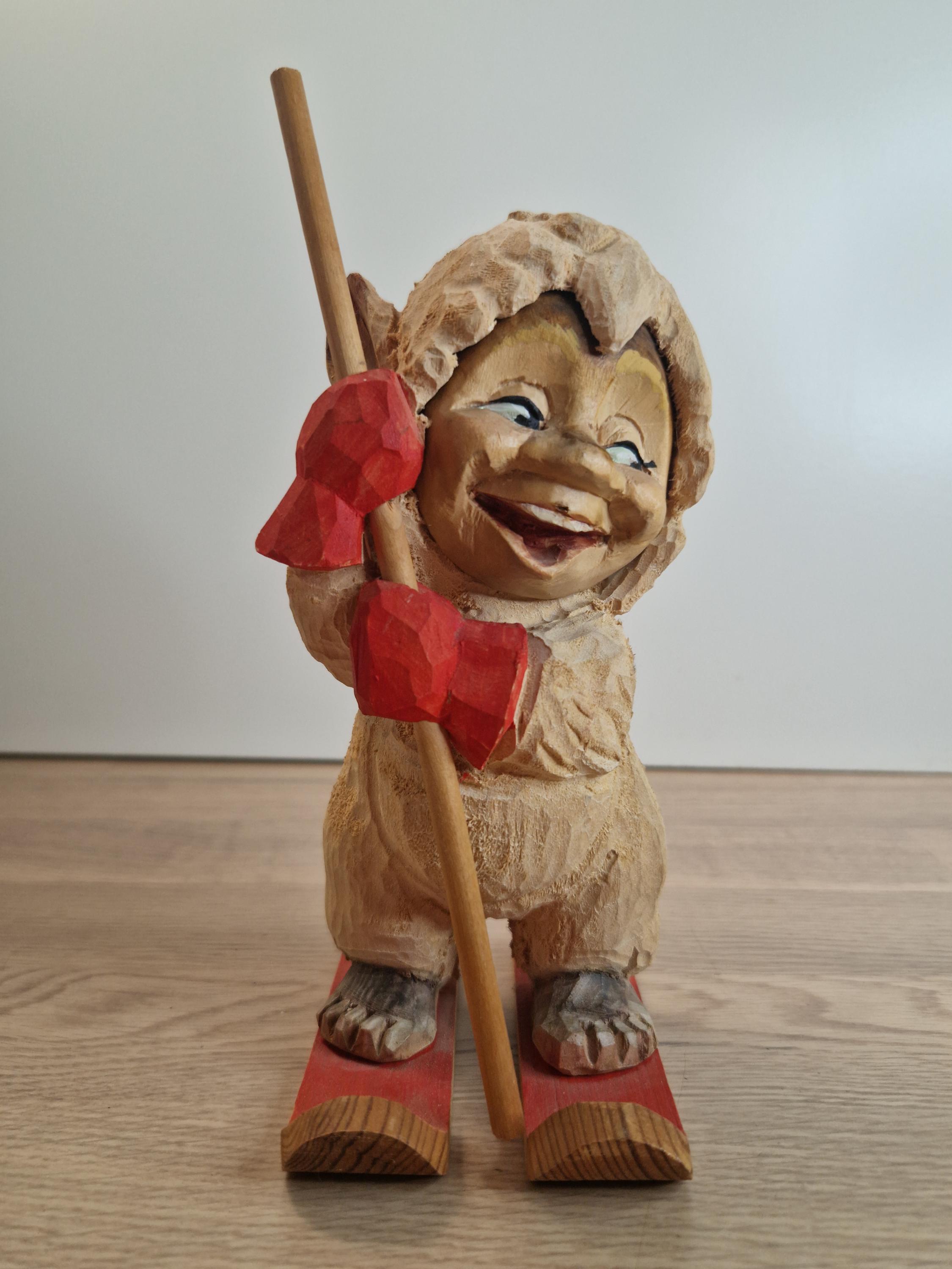 Henning Large Vintage Norwegian Hand Carved Wooden Skiing Troll