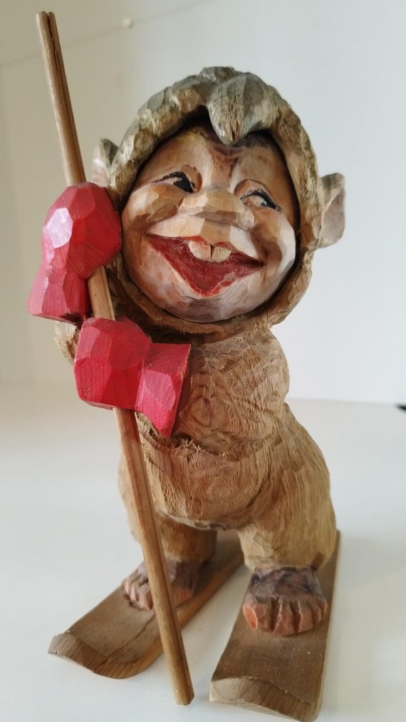 HENNING トロール木彫り人形 Henning Large Vintage Norwegian Hand Carved Wooden Skiing Troll - Etsy
