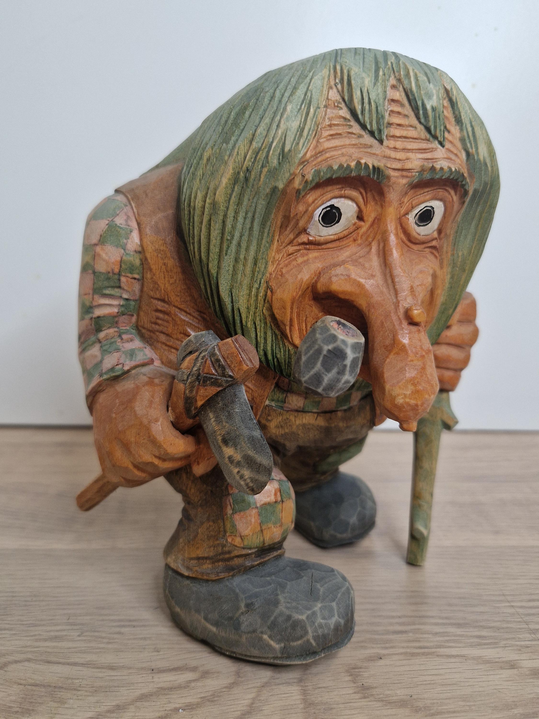 Rare Vintage Hand Carved Signed Norwegian Troll Holding Axe by