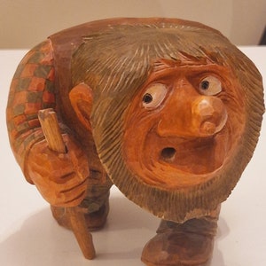 Vintage Hand Carved Norwegian Troll by Anton Sveen - Authentic Wooden Folk Art Figurine (5.9 inches)