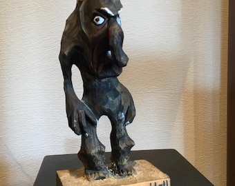 Vintage Hand Carved Norwegian Troll - Authentic Wooden Folk Art Figurine (7.8 inches)