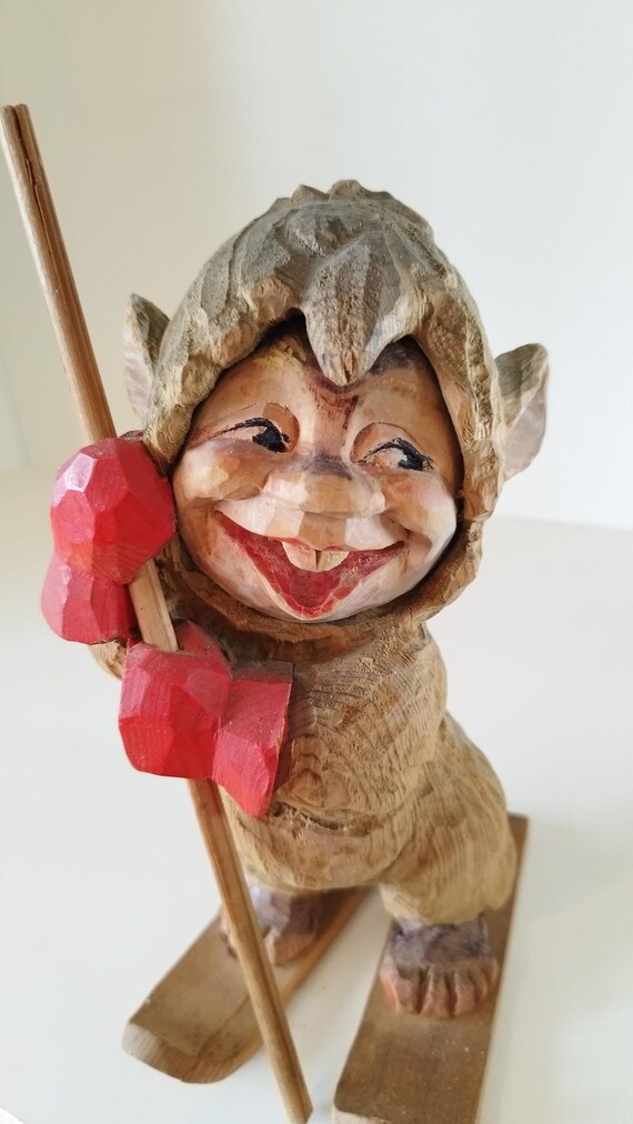 Henning Large Vintage Norwegian Hand Carved Wooden Skiing Troll - Etsy