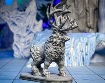 May include: A gray, detailed miniature of a stag with large antlers. The stag is standing on a gray base.