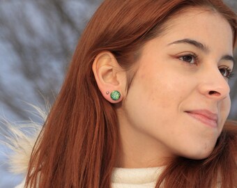 Golden Green Sparkle Obsession, art glass stud earrings