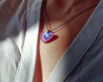 Pink Mystery glass heart necklace