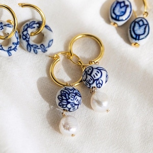 Blue White Floral Porcelain Earrings with Pearl, Gold Hoop Delft Ceramic Earrings, Cobalt Willow Chinoiserie Dangle Earrings, Grandmillenial