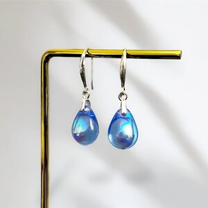 Blue Aurora Borealis Teardrop Earrings Gloss, Sterling Silver Czech Glass Earrings, Blue Drop Earrings, Tear Drop Hook Dangle Earrings image 3