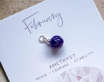 Hand Carved Amethyst Charm | February Birthstone Charm, 6th Anniversary Gift, Dangle Charm - Natural Gemstone, Sterling Silver or Gold Fill