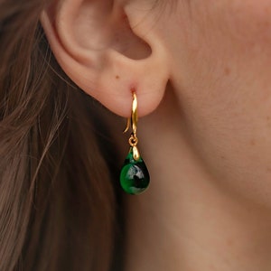 Emerald Green Teardrop Earrings, Czech Glass Earrings, Drop Earrings, Dangle Earrings, Everyday Minimal Earrings, Christmas Gift for Her