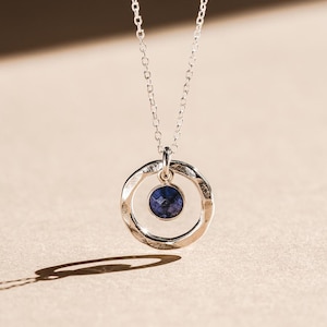 Hammered Halo Sapphire Birthstone Necklace, Blue Sapphire Gift for Her, September Birthday Gift, Karen Hill Tribe Silver, Layering Necklace
