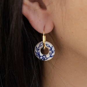 Porcelain Earrings, Blue White Floral Earrings, Gold Hoop Ceramic Earrings, Blue Willow Dangle Earrings, Chinoiserie Patterned Earrings