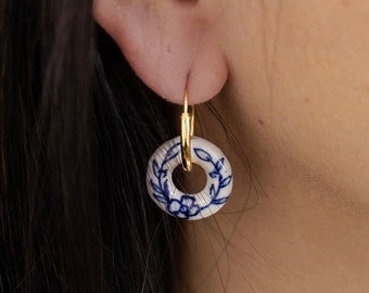 Porcelain Earrings, Blue White Floral Earrings, Gold Hoop Ceramic Earrings, Blue Willow Dangle Earrings, Chinoiserie Patterned Earrings