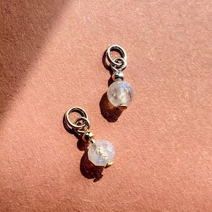 Genuine Moonstone Charm (Round Faceted) June Birthstone Charm, 3rd Anniversary Gift, Gemstone Earring Charm, Sterling Silver 14k Gold Fill