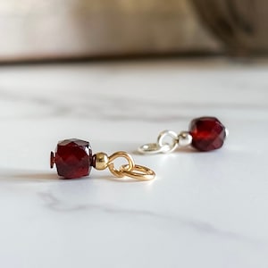 Genuine Garnet Charm (Cube) | January Birthstone Charm, 2nd Anniversary Gift, Dangle Charm - Natural Gemstone, Sterling Silver 14k Gold Fill