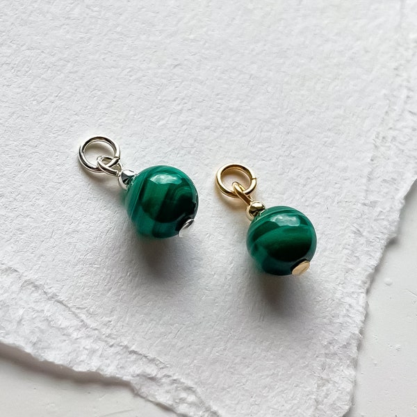 Genuine Malachite Charm (Round), Natural Green Malachite Pendant, Green Earring Dangle Charm, Tiny Gemstone Charm, Sterling Silver Gold Fill