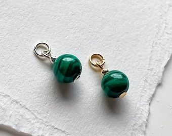 Genuine Malachite Charm (Round), Natural Green Malachite Pendant, Green Earring Dangle Charm, Tiny Gemstone Charm, Sterling Silver Gold Fill