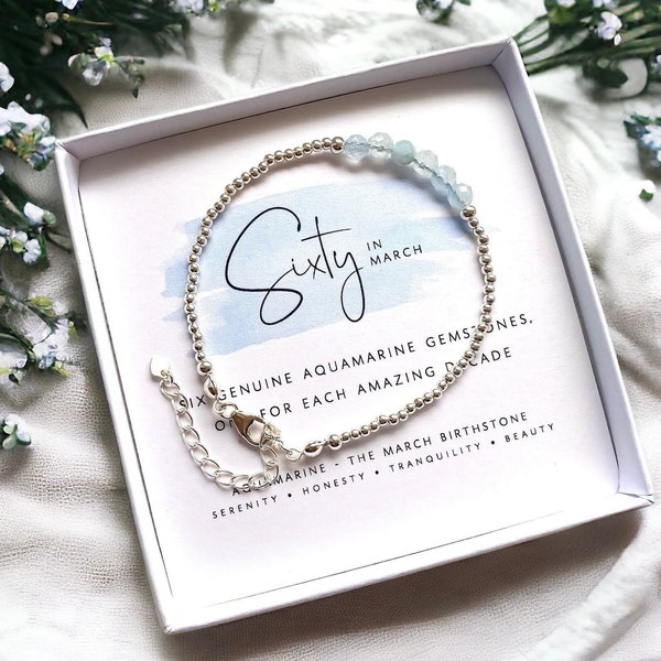 30th 40th 50th 60th 70th Birthday Gift for Her, March Birthstone Bracelet, Sterling Silver Gold Fill Aquamarine Birthstone Bracelet