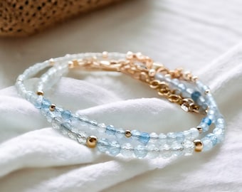 Genuine Aquamarine Birthstone Stacking Bracelet, March Birthday Gift, 925 Sterling Silver or Gold Fill, Women’s Dainty Blue Gemstone Jewelry