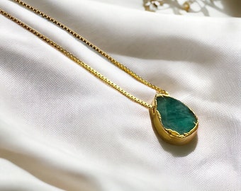 Genuine Emerald Teardrop Necklace, May Birthstone Taurus Birthday Gift for Her, Natural Gemstone Pendant, Gold Silver Dipped Crystal Jewelry