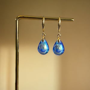 Blue Aurora Borealis Teardrop Earrings Gloss, Sterling Silver Czech Glass Earrings, Blue Drop Earrings, Tear Drop Hook Dangle Earrings image 1