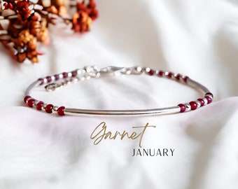 JANUARY Red Garnet Birthstone Bracelet in Sterling Silver, Capricorn Birthday Gift for Her, Genuine Gemstone Bracelet, 925 Stacking Bracelet