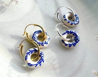 Blue White Floral Porcelain Earrings, Gold Hoop Delft Ceramic Dainty Earrings, Cobalt Willow Chinoiserie Silver Dangle Earrings, Handmade