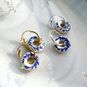 Blue White Floral Porcelain Earrings, Gold Hoop Delft Ceramic Dainty Earrings, Cobalt Willow Chinoiserie Silver Dangle Earrings, Handmade