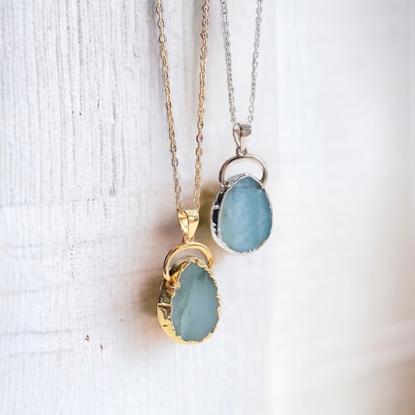 Raw Aquamarine Birthstone Necklace, March Birthday Pisces Gift, Natural Blue Gemstone Slice Necklace, Boho Gold Dipped Crystal Pendant