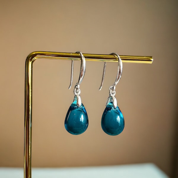 London Blue Topaz Teardrop Earrings, Teal Czech Glass Earrings, Gold Drop Earrings, Tear Drop Hook Earrings, Women's Minimalist Jewelry Gift