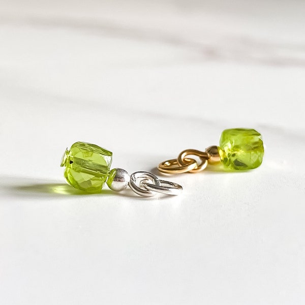 Genuine Peridot Charm (Cube), August Birthstone Charm, 16th Anniversary Gift, Dangle Charm - Natural Gemstone, Sterling Silver 14k Gold Fill