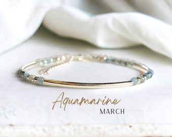 Genuine Aquamarine Birthstone Stacking Bracelet, March Birthday Pisces Gift, Blue Gemstone Sterling Silver Bracelet, Aquamarine Jewelry