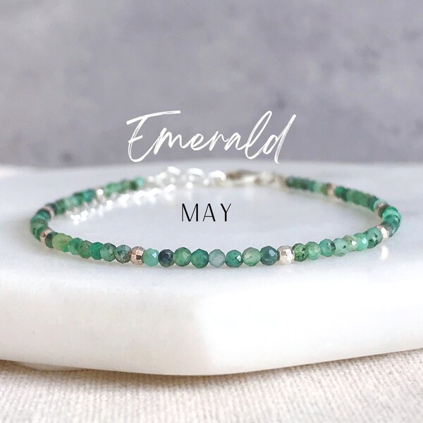 MAY | Genuine Emerald Birthstone Stacking Bracelet - Sterling Silver or 14K Gold Fill, May Birthday Gift, Emerald Birthstone Bracelet