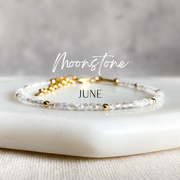 JUNE | Genuine Moonstone Birthstone Stacking Bracelet, Sterling Silver or Gold Fill, June Birthday Gift, Dainty Gemstone Bracelet