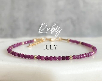 JULY | Genuine Ruby Birthstone Stacking Bracelet - Sterling Silver or 14K Gold Fill, July Birthday Gift, Ruby Birthstone Bracelet