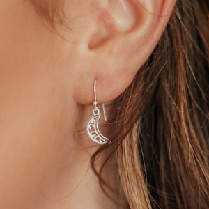 Crescent Moon Sterling Silver Earrings | Dainty Boho Earrings, Bohemian Jewelry, Christmas Gift for Nature Lover, Witchy Vibes Drop Earrings