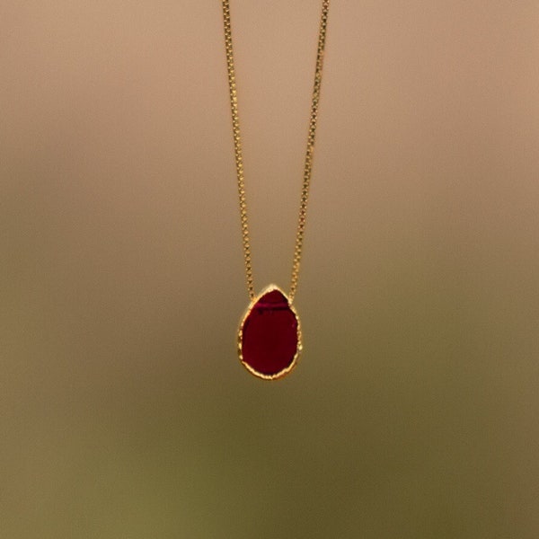 Dainty Red Garnet Teardrop Necklace, January Capricorn Birthday Gift for Her, Tiny Gemstone Birthstone Pendant Gold Dipped Crystal Necklace
