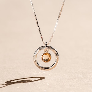 Hammered Halo Citrine Birthstone Necklace, November Birthday Scorpio Gift for Her, Genuine Citrine Circle Pendant, Yellow Crystal Jewelry